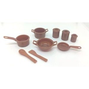 Vintage Barbie 1970s 1980s Brown Cookware Lot of 9 Pots Pans Canisters Utensils